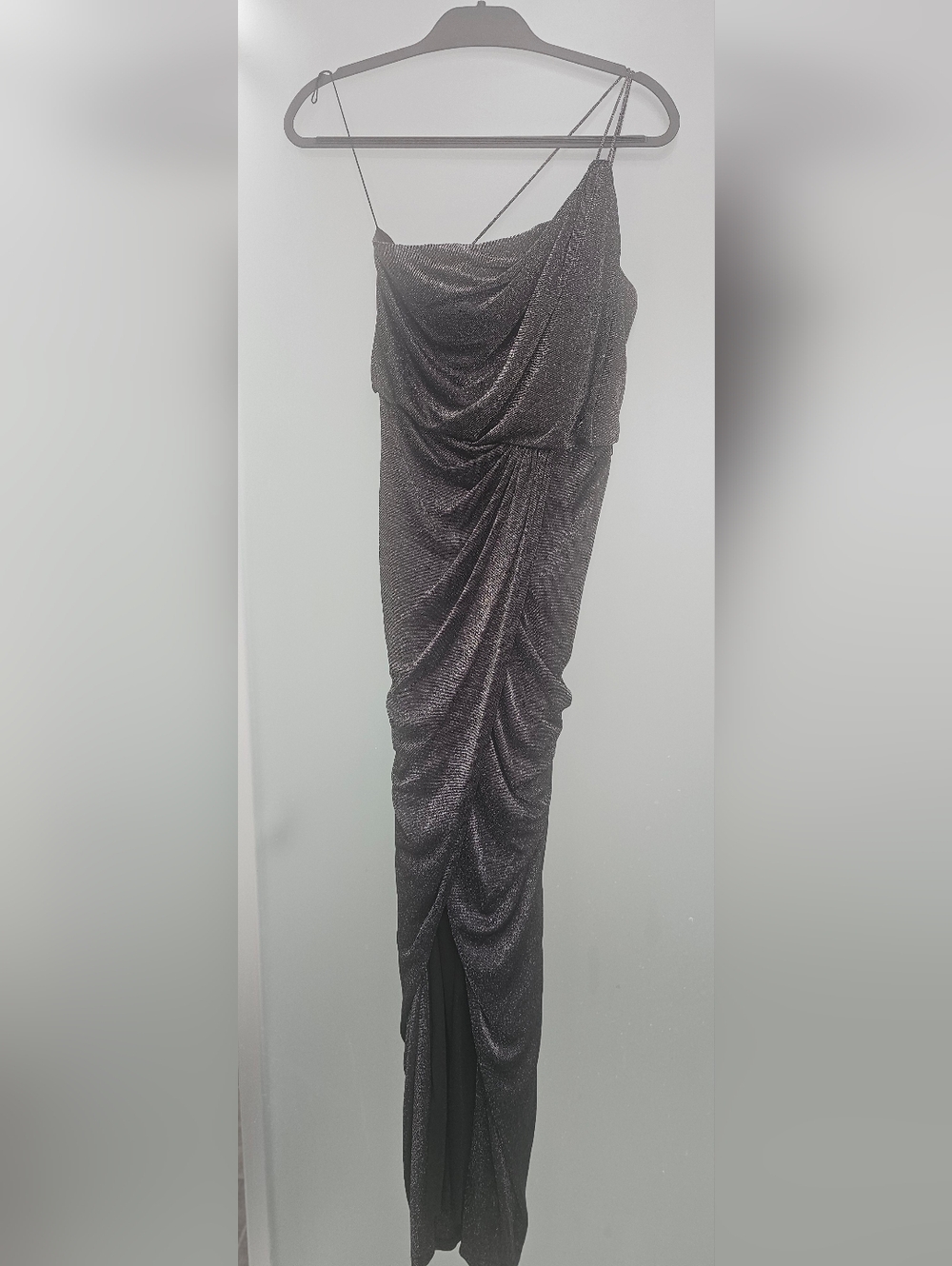 Aiden Mattox Shimmer Ruched Black Maxi Skirt with Draped Slit